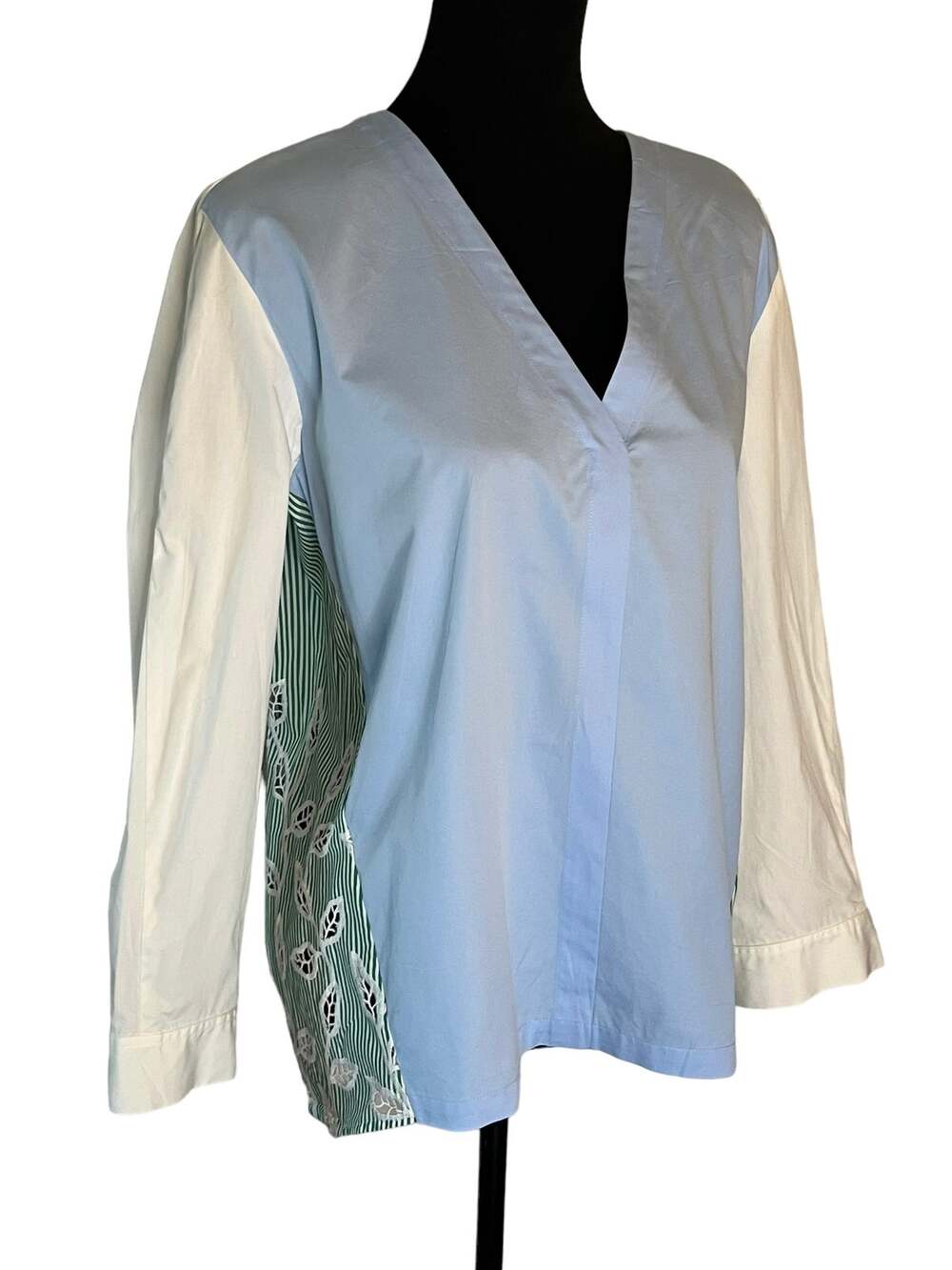 Sandro Size Large (3) Aria Color Block Lace Inset Eyelet Blouse Blue Green White